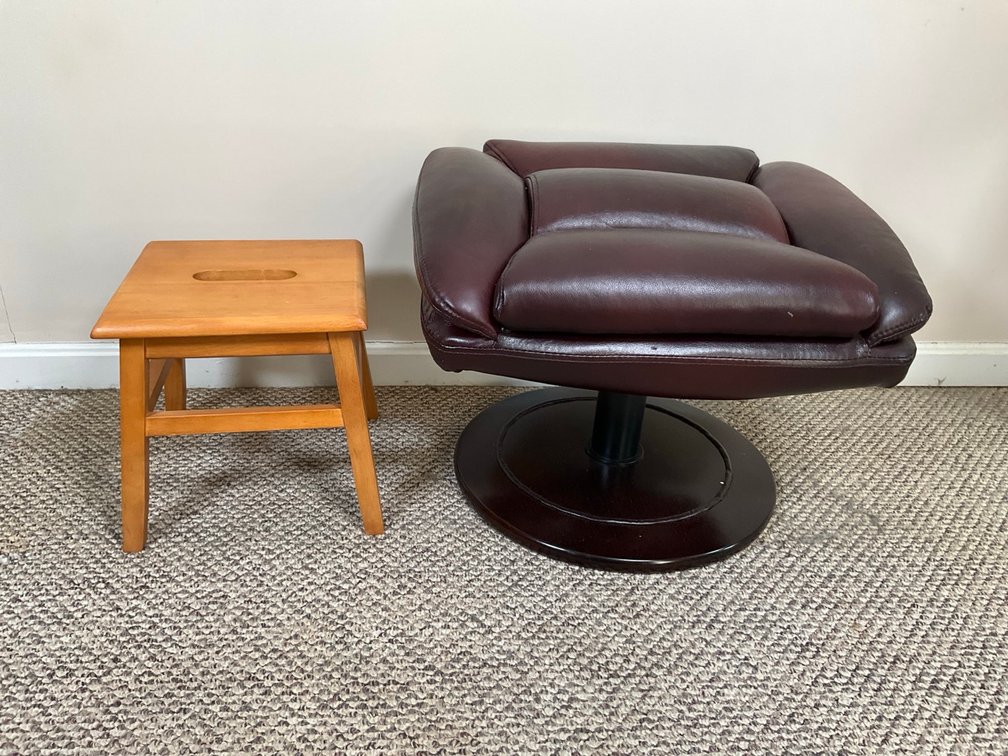 Barcalounger Leather Swivel Pedestal Ottoman and Wooden Step Stool