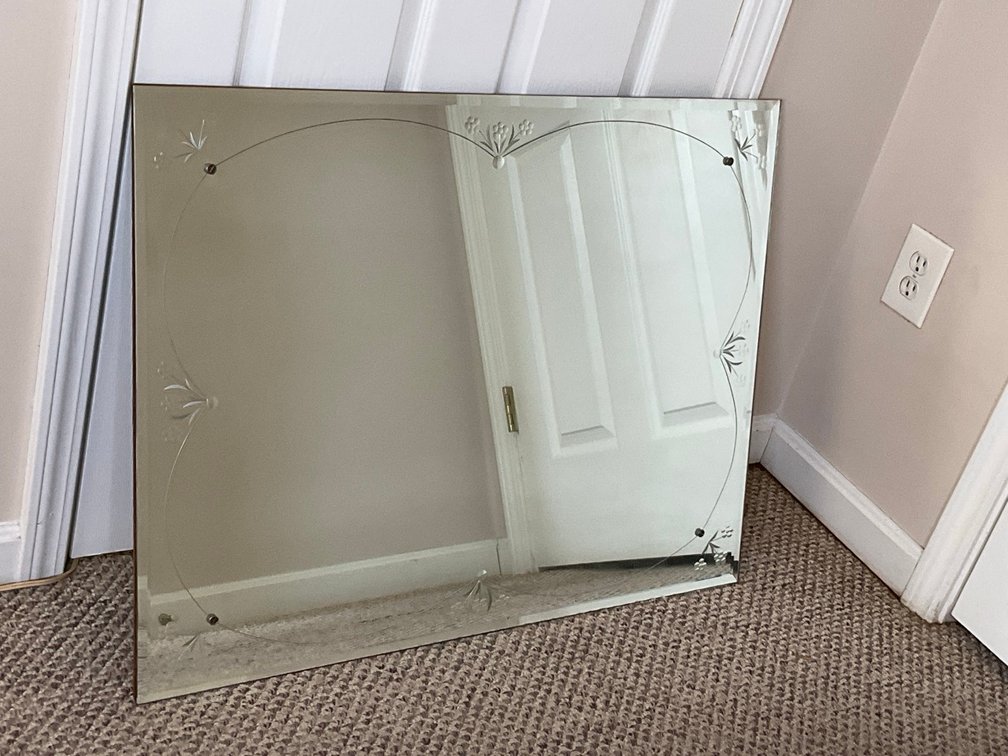 Art Deco Style Etched Cut Glass Frameless Vanity Mirror