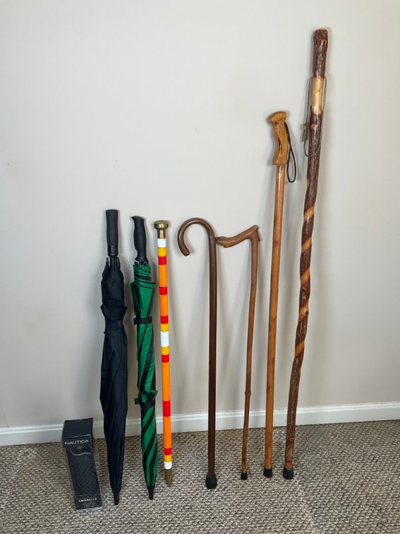 Assorted Hand Carved Wooden Walking Canes and Rain Umbrellas