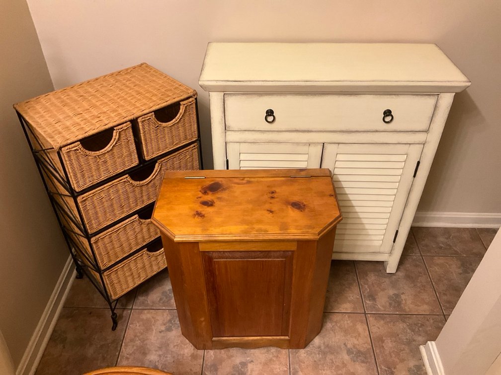 Louvered Accent Cabinet, Wicker Storage Stand and Wooden Hamper