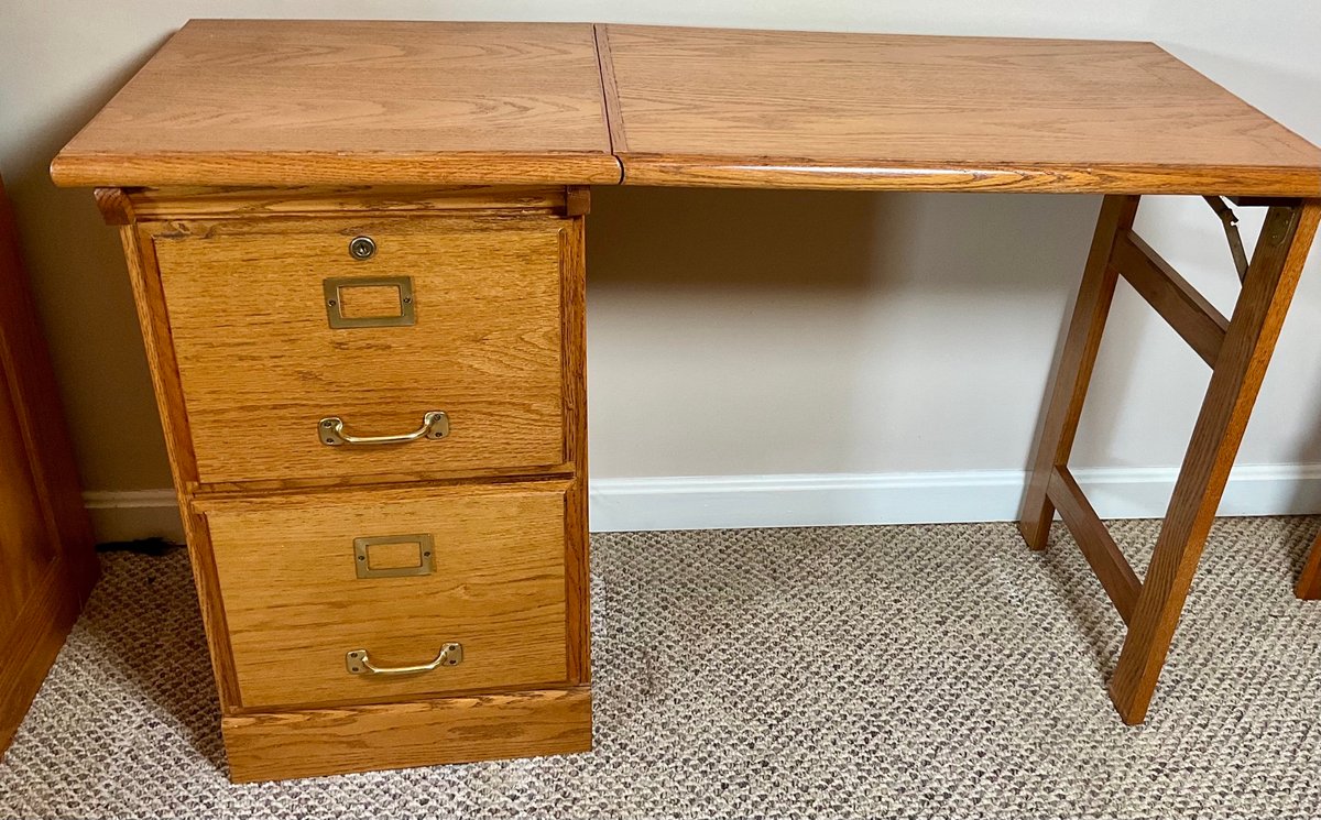 Oak Finish Two Drawer Filing Cabinet with Foldable Desk Extension