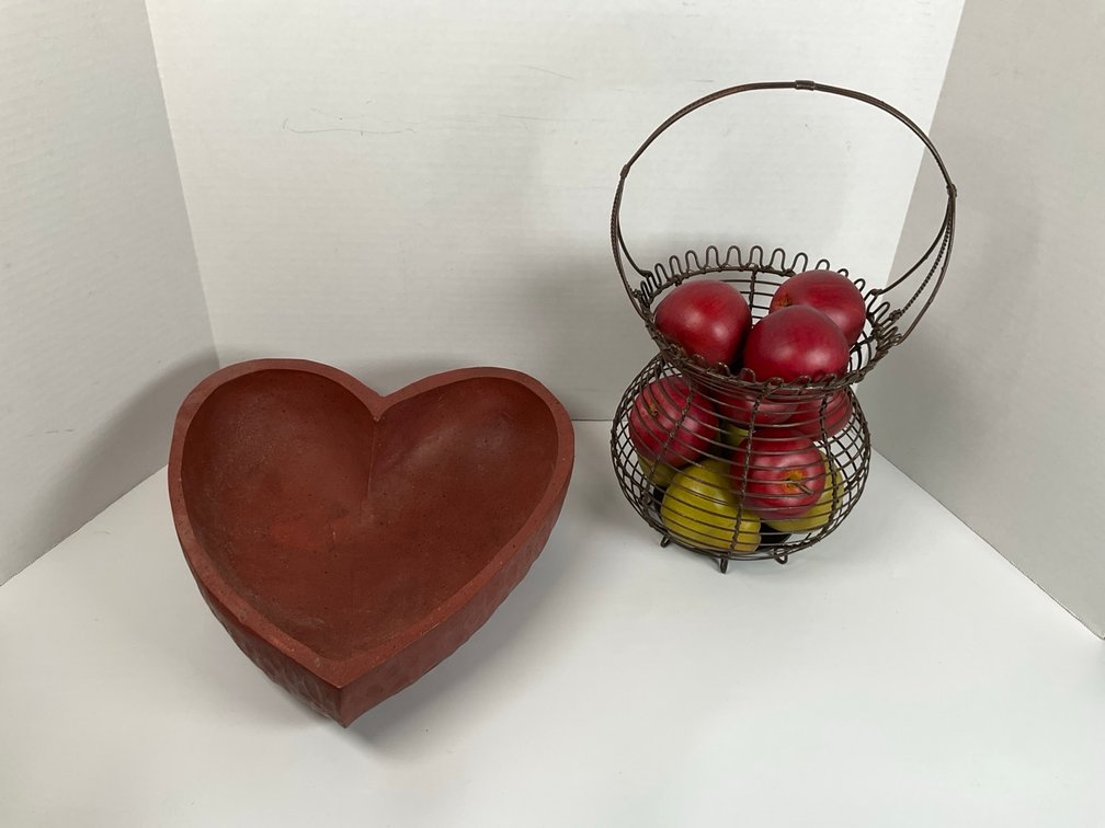 French Style Wire Egg Basket with Faux Fruit and Heart Bowl