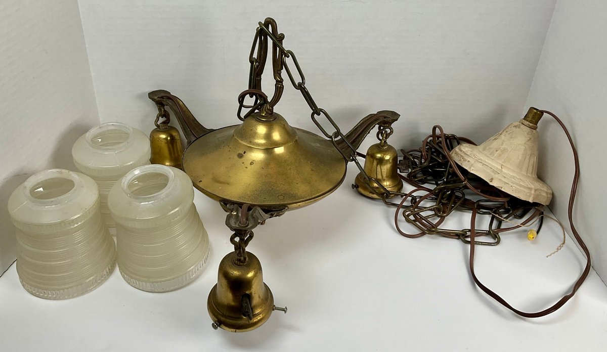 Art Deco Triple-Arm Brass Pan-Style Ceiling Light Chandelier