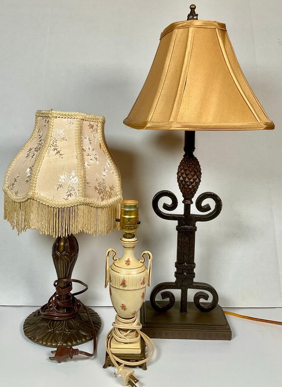 Assorted Table Lamps Featuring Wrought Iron Scroll and Porcelain Urn