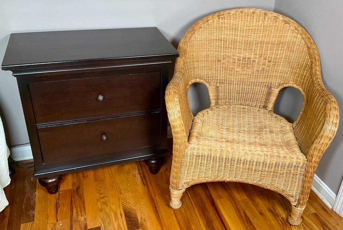 Kincaid Wooden Two Drawer Nightstand and Woven Wicker Armchair