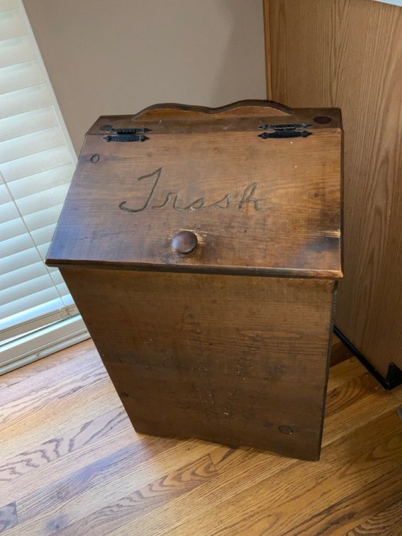 Rustic Pine Kitchen Trash Bin with Slanted Hinged Lid