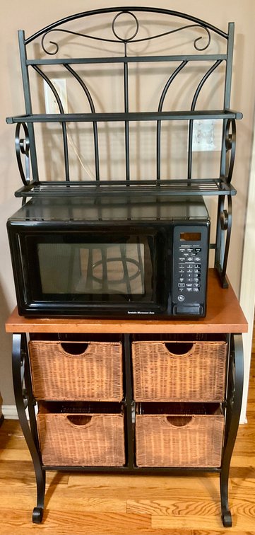 Metal Baker's Rack with GE Countertop Microwave Oven and Baskets