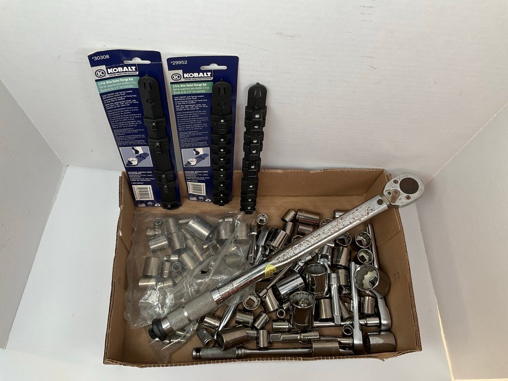 Assorted Ratchets, Torque Wrench Sockets and Kobalt Storage Rails