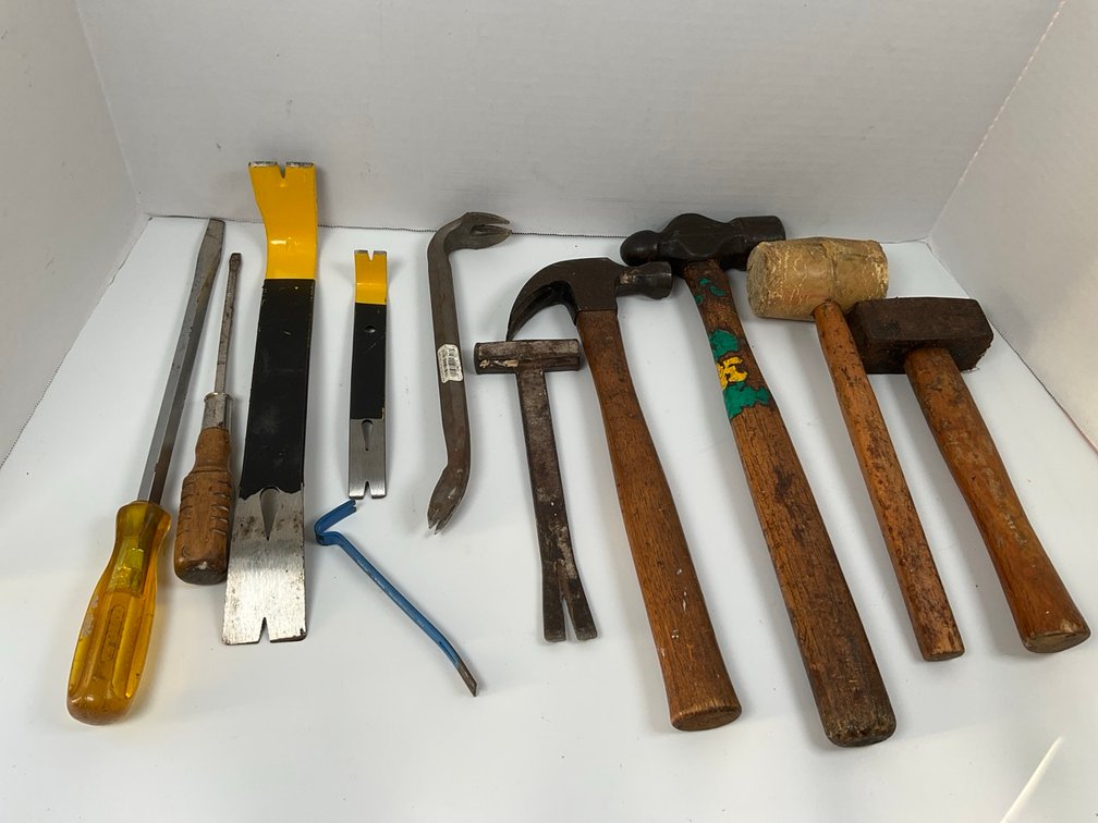 Assorted Hand Tool Lot with Hammers, Pry Bars and Screwdrivers