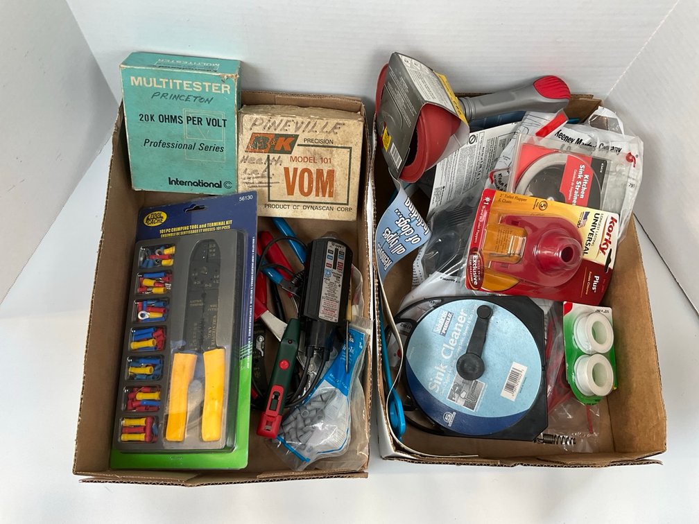 Electrical and Plumbing Repair Tool Lot with Multitesters and Hardware