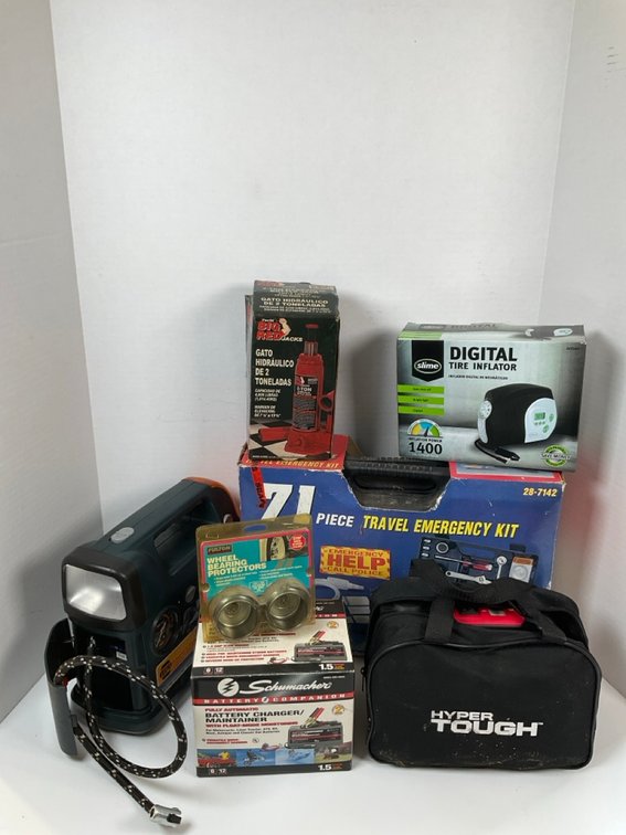 Automotive Emergency Roadside Kit, Tire Inflators, Bottle Jack & More