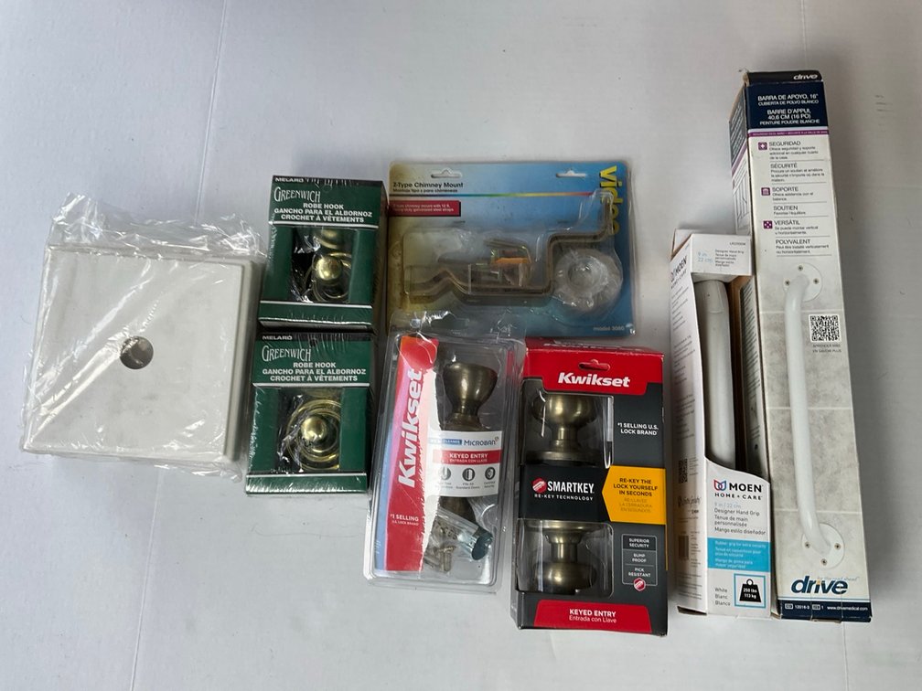 Home Improvement Hardware Lot Including Kwikset, Moen, ClosetMaid and Power Strips