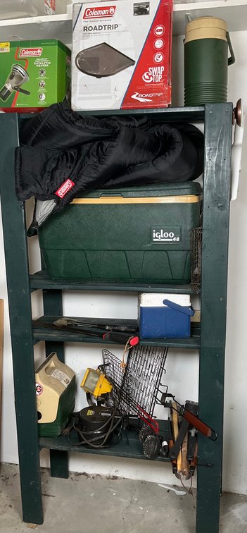 Coleman Camping Gear, Igloo Coolers and Outdoor Equipment Lot With Shelf