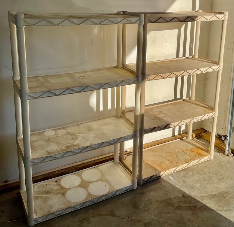 Plano White Plastic Four Tier Interlocking Utility Shelving Units Pair