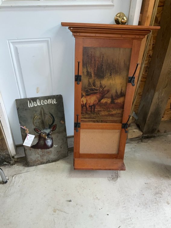 Rustic Pine Elk Wall Coat Rack and Hand Painted Slate Deer Sign