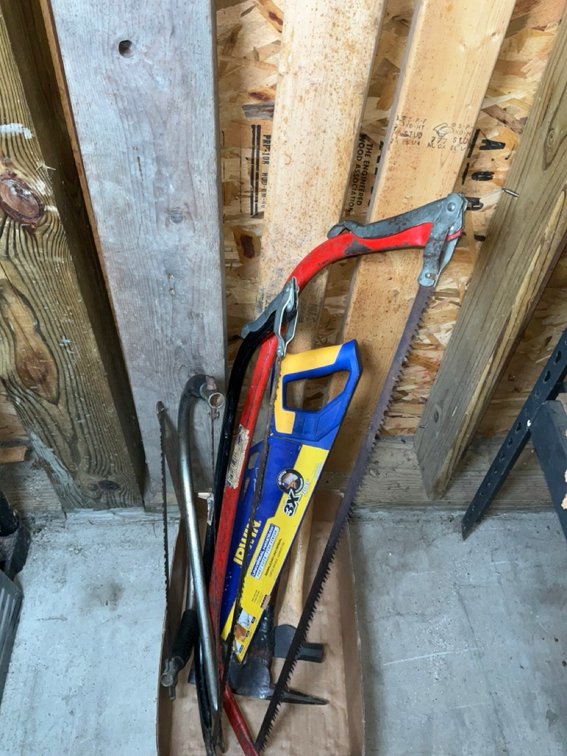 Assorted Hand Tools Featuring Bow Saws, Hatchets and Irwin Handsaw