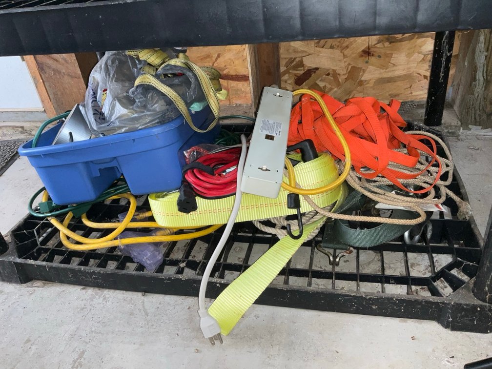 Assorted Utility Extension Cords, Ratchet Straps and Workshop Supplies