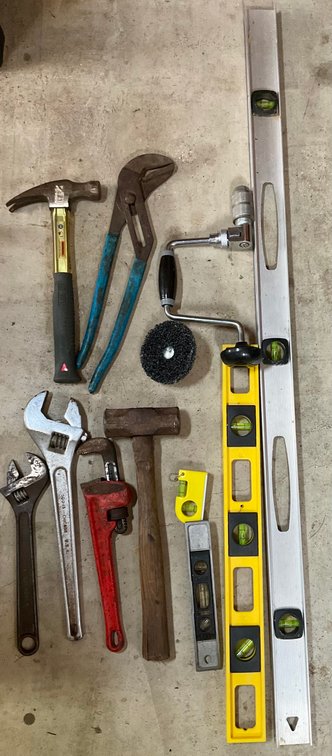 Assorted Hand Tools Including Klein Adjustable Wrenches, Levels and Hammers