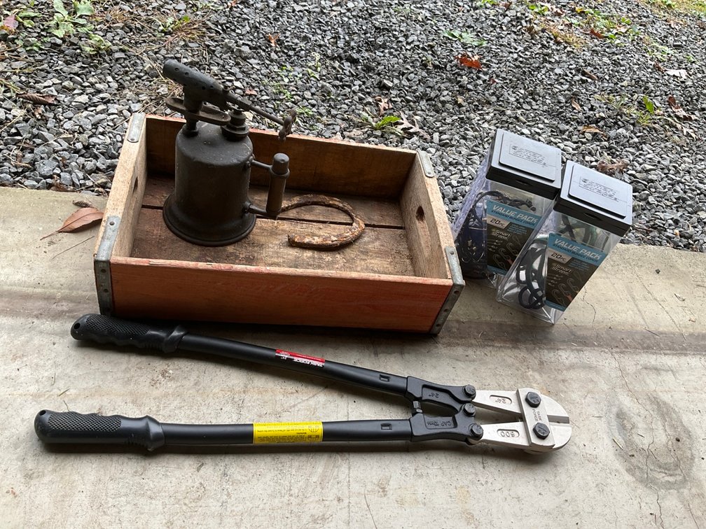 Coca-Cola Wood Crate, Antique Blowtorch, Bolt Cutters and Bungees