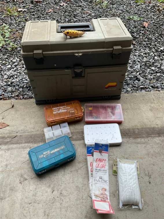 Plano Tackle Box with Assorted Fishing Lures and Eagle Claw Terminal Tackle