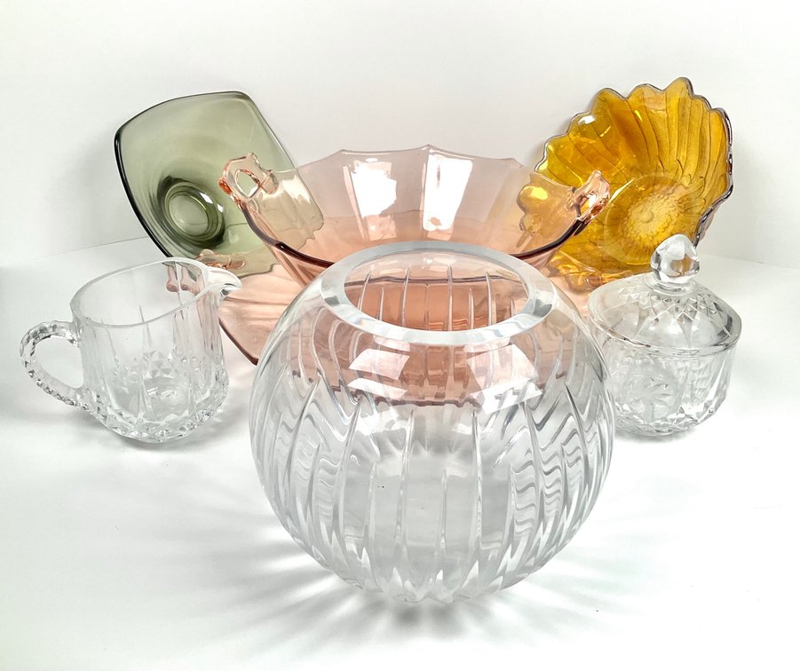 Colored Glass Pieces & Crystal Bowl