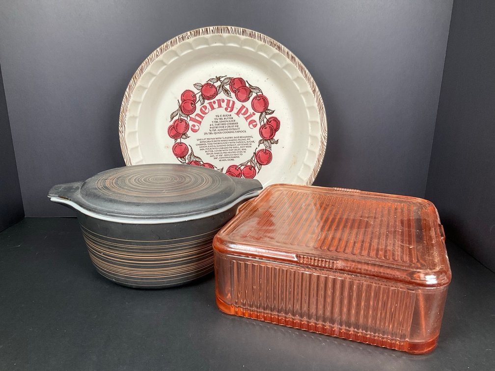 Pyrex Casserole Dish, Depression Glass & Pie Dish