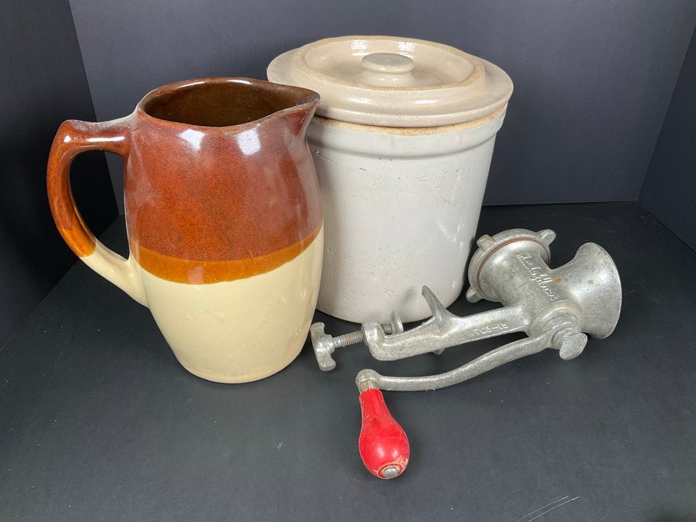 Crock with Lid, Pitcher & Meat Grinder