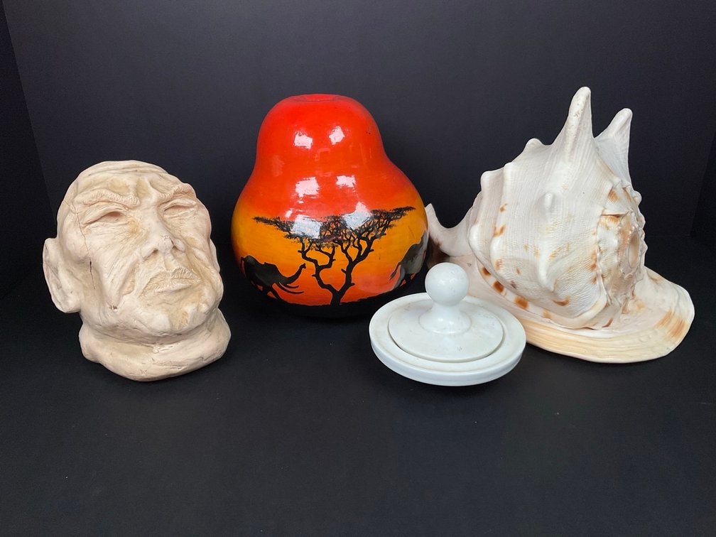Painted Gourd, Handmade Pottery & Conch Shell Horn