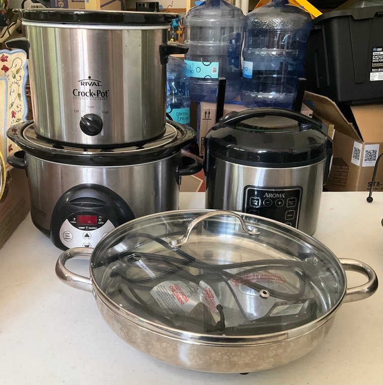 Two Crock Pots, Rice Cooker and Electric Pan