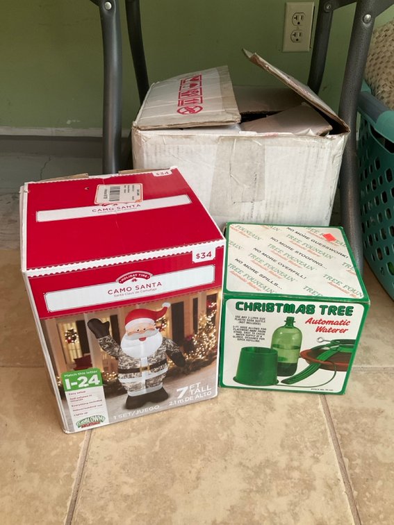 Two Inflatable Christmas Yard Ornaments and Tree Waterer