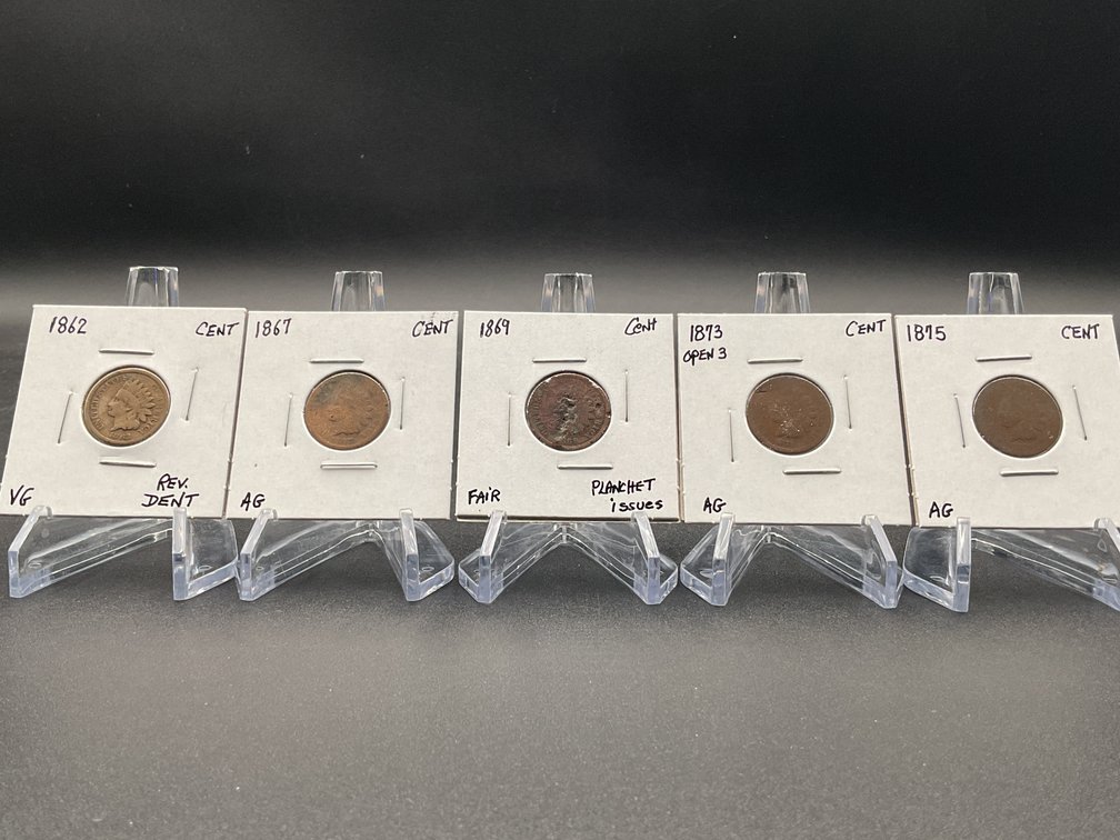 Five BETTER Date Indian Cents Grading F/AG, Some With Planchet Issues