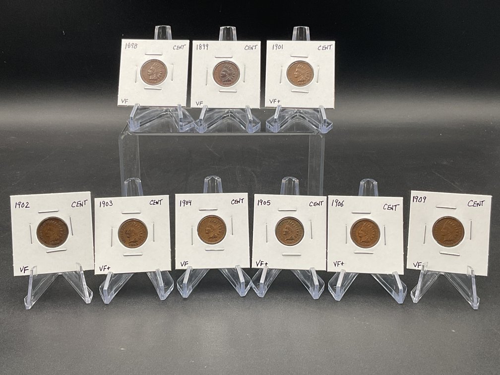 Nine Indian Cents, All Grading VF-VF+