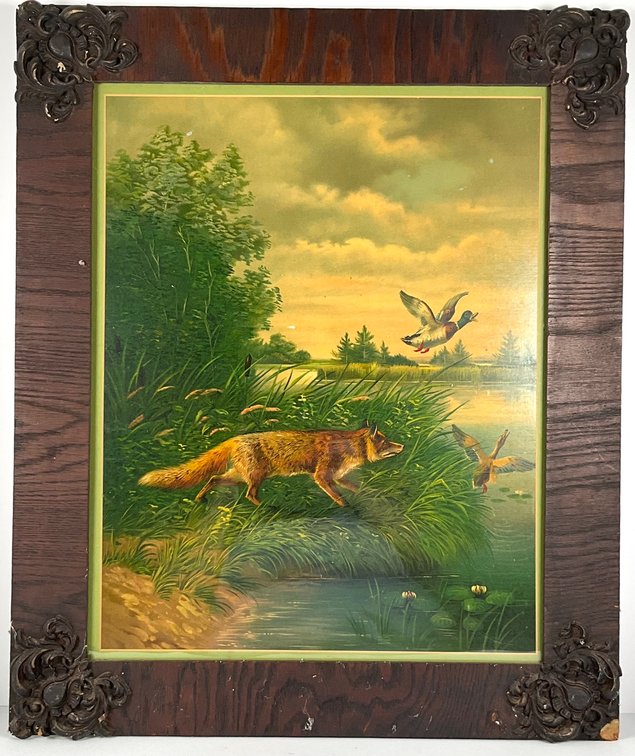 Fox Hunting Ducks Print in Wooden Frame