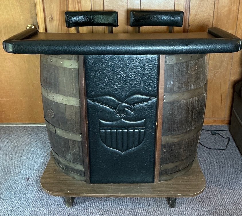 Vintage Whiskey Barrel Bar With Stools