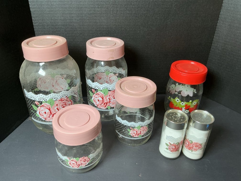Vintage Carlton Glass USA Cottage Core Pink Rose & Lace Pattern Canisters With Salt & Peppers Shakers