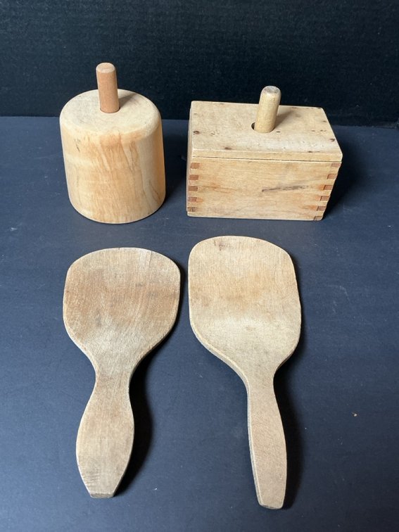 Set of 2 Vintage Wooden Butter Mold/Press & Set of 2 Wooden Butter Paddles