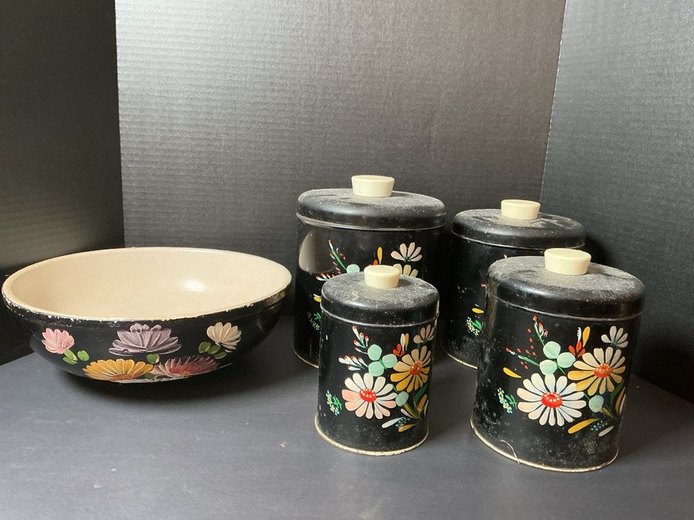 Vintage Ransburg Black Hand Painted Floral Tin Canister Set & Matching Ceramic Bowl