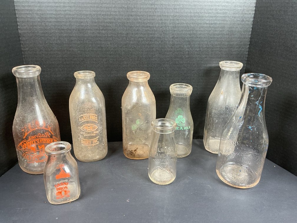 Vintage Cold Spring Creamery, Clover Dairy, Garst Bros. One Quart Glass Milk Bottles, Apothecary Glass Bottles & More