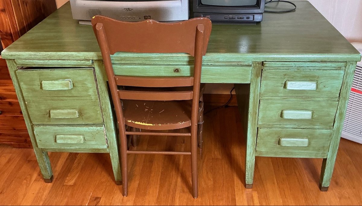 Green Painted Oak Desk With Chair