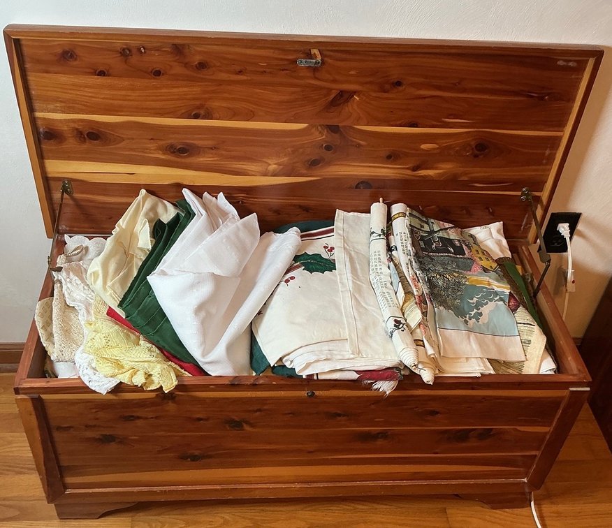 Cedar Chest With Linens, Cloth Calenders and More