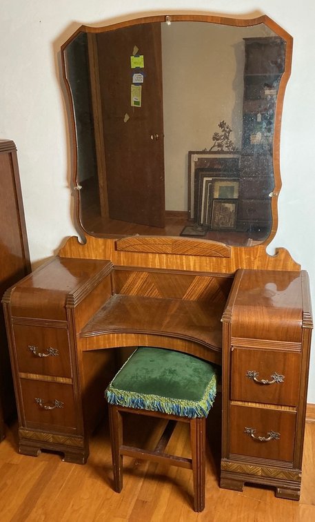 Vintage Webb Furniture Waterfall Style Veneer Vanity Desk With Stool & Mirror