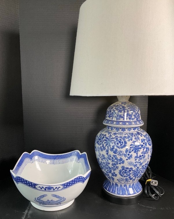 Blue & White Ginger Jar Lamp with Decorative Bowl