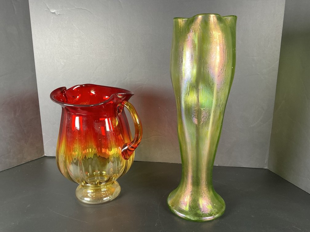 Early 1900's Bohemian Art Glass With Green Iridescent Finish & Amberina Art Glass Pitcher With Ribbed Body