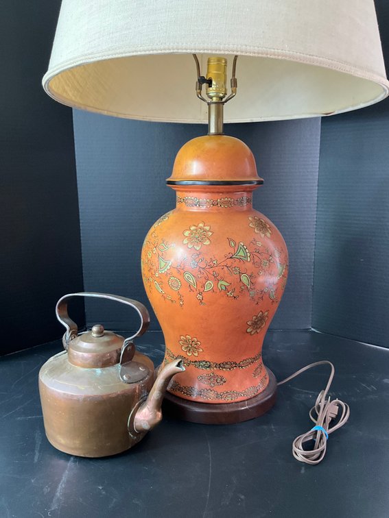 Large Folk Art Ginger Jar Table Lamp & Metal Kettle
