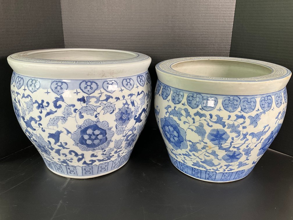 2 Large Blue & White Jardinieres