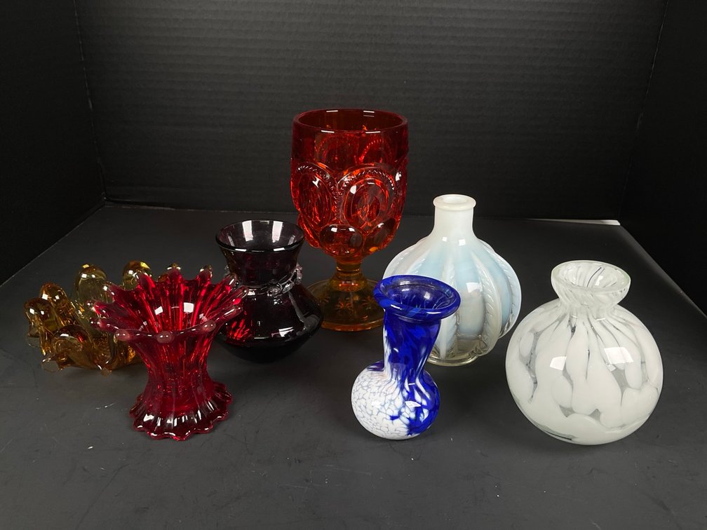 Amberina Glassware and Various Glass Vases.