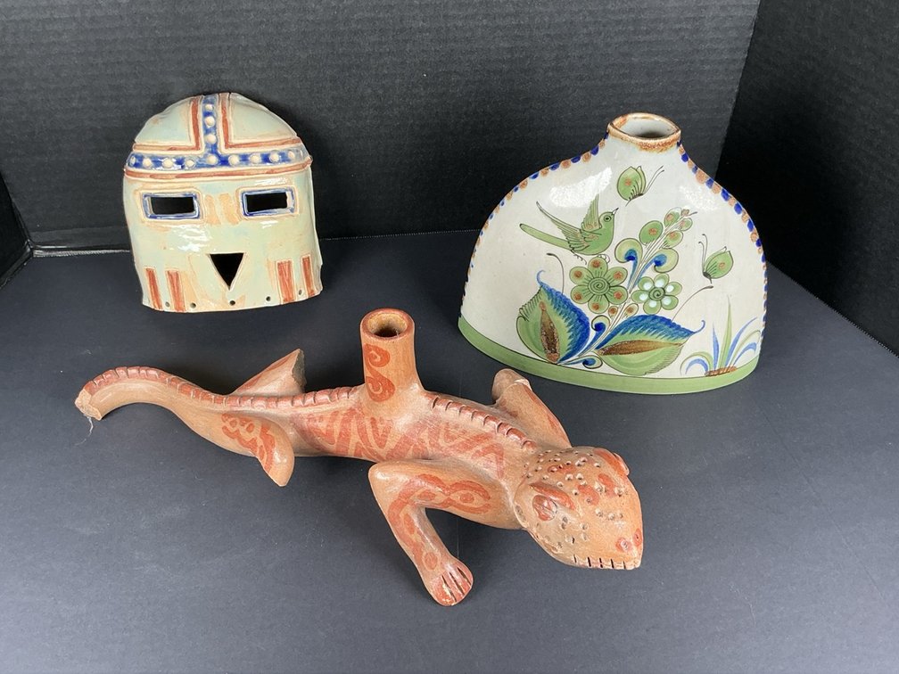 Vintage El Palomar Of Mexico Pottery Tonala Style Vase, Hand Crafted Mask & Handmade Mexican Terracotta Folk Art Iguana Figurine