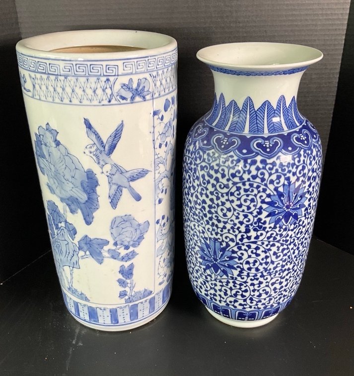 2 Tall Blue & White Vases