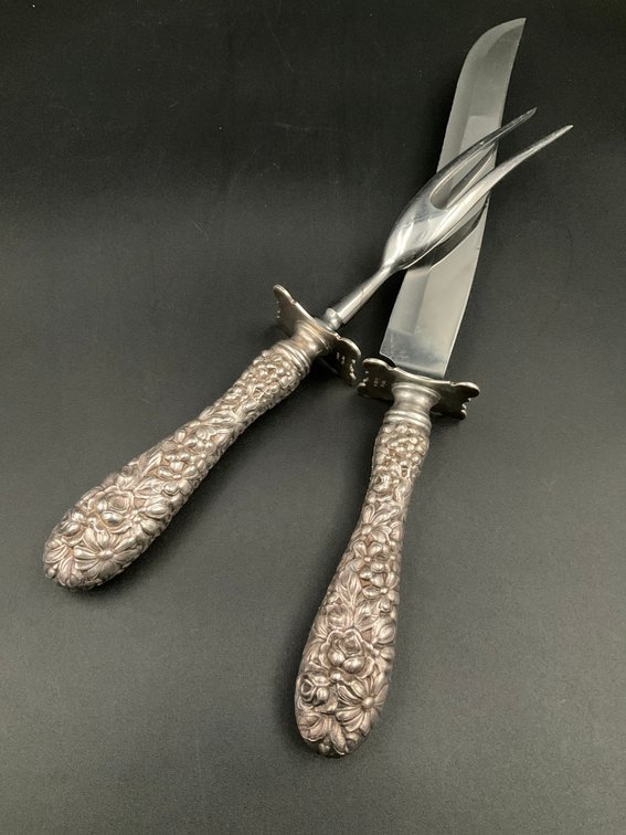 Sterling Handled Stieff 2-Piece Rose Pattern Large Carving Set