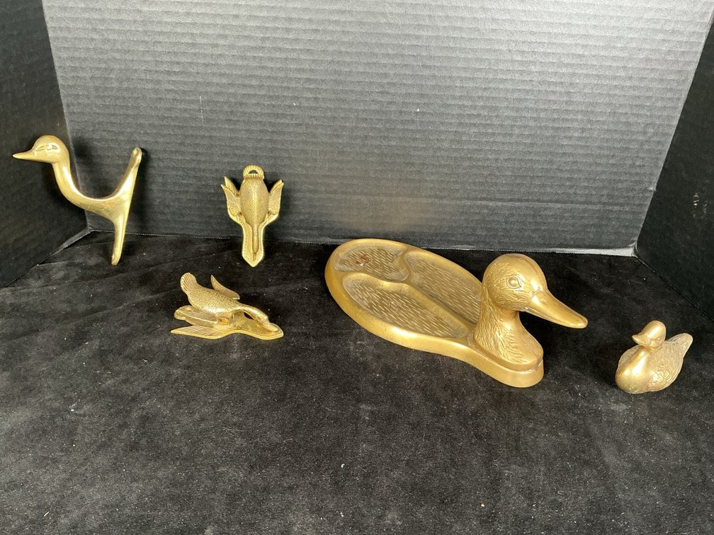 Vintage Virginia Metal Works Brass Duck Pieces including a Duck Head Divided Dresser Tray